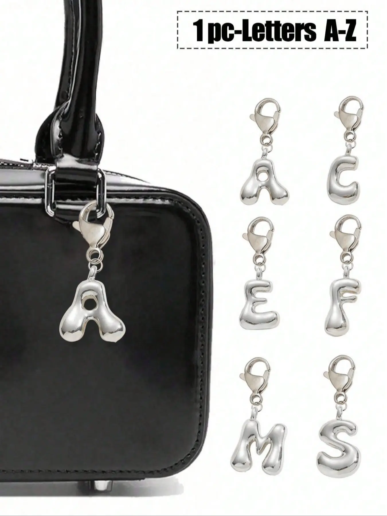 Bubble Silvery Letters Cute Chubby Necklace Pendant Bag Pendant-Lucky Crystal Pendant, Fashion Alphabet Pendant, Alphabet Letters A-Z, The Best Item For Spring And Summer Pairing,Shiny Alloy Bag And Backpack Pendant-Perfect Gift, Unique Crystal Design