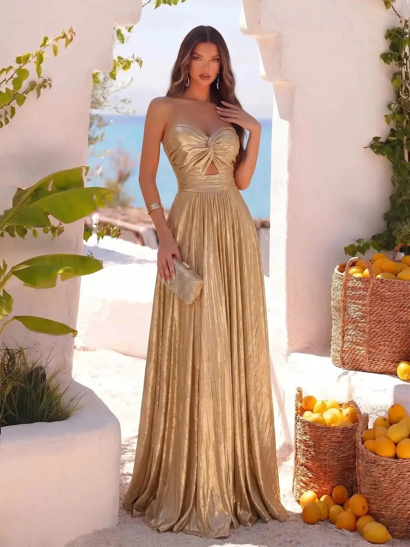Women's Versatile Halter Sleeveless Long Dress, Heart Neck Tie Hollow Out Waist Ruched Flowy A-Line Evening Gown, Elegant Chic Party Wedding Guest Wear, Fit, Elegance, elegant silhouette, timeless appeal, graceful flow