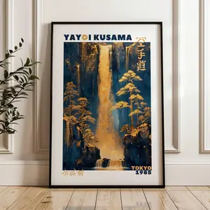 YAYOI KUSAMA Landscape Print - Unframed Wall Art - Japanese Wall Art, Japanese Modern Art Kusama Exhibition, Blue and Gold Wall Art