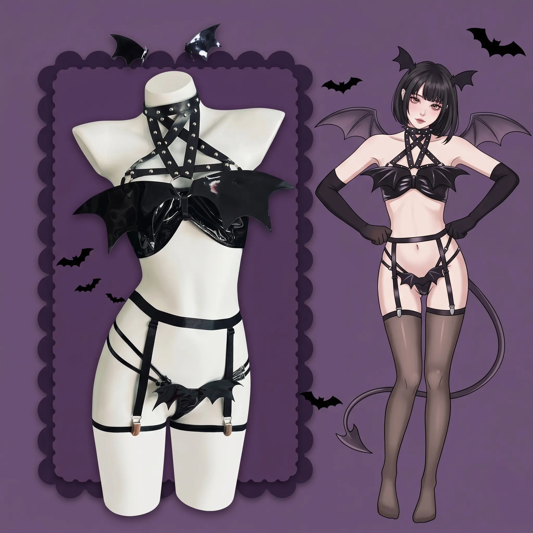Moeveil [Dark Bat Girl] Nightly Seduction PU Leather Lingerie Set - Black (Gloves Not Included), Sexy Anime Lingerie Set, Perfect for Cosplay, Cute Party and Loungewear