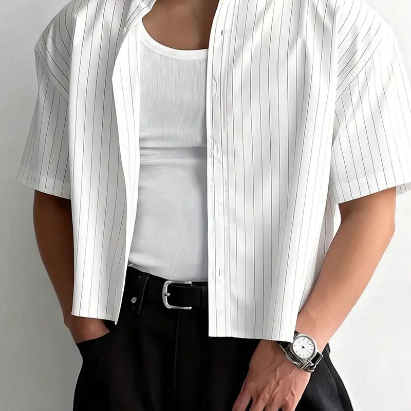 Men's White Pinstripe Cropped Short Sleeve Button-Down Button Front Striped Shirt, Casual Summer Streetwear Oversized Top, Casual Collared Shirt, Suitable for Daily Outings and Street Style