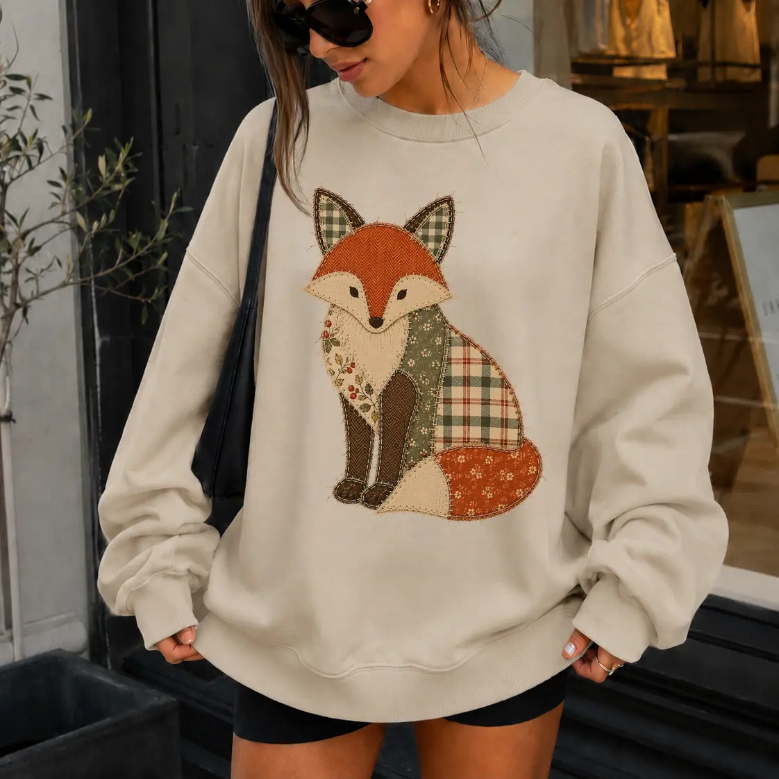 Faux Patchwork Fox Sweatshirt, Quilted Fox Patch Crewneck, Woodland Cottagecore Sweater, Autumn Fall Gift for Women