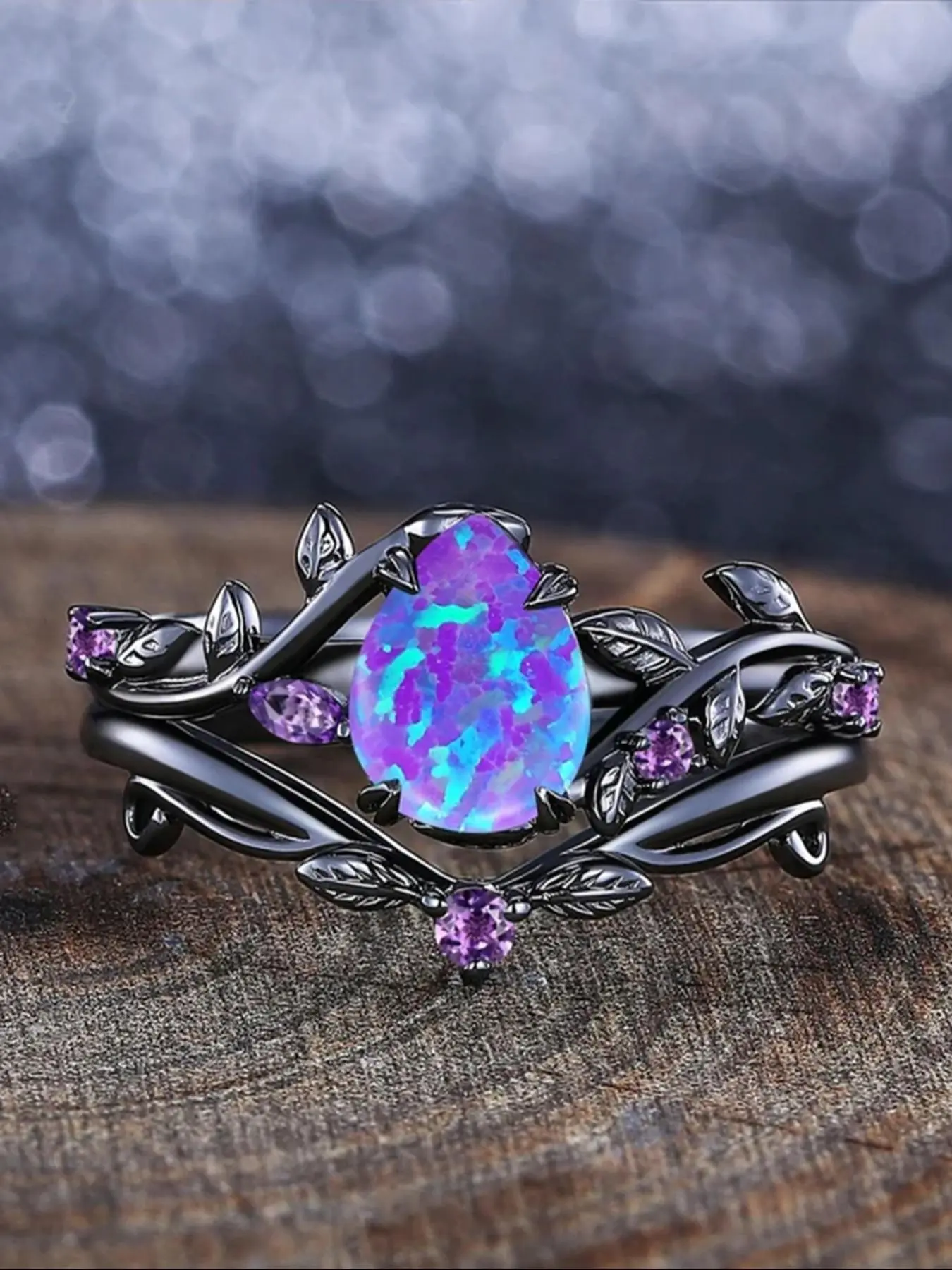Unique Black Ring Set Beautiful Rings Water Drop Design Synthetic Opal Inlay Stackable Statement Rings Stackable Finger Rings for Women & Girls, Women's Engagement Ring & Birthday Gift Jewelry Accessory