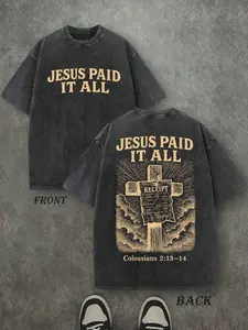 Vintage Washed "Jesus Paid It All" Christian Cross T-Shirt, 260g 100% Cotton Breathable Oversized Bible Verse Faith Casual Tee for Men & Women, Christian Clothing, Jesus T Shirts,summervibes