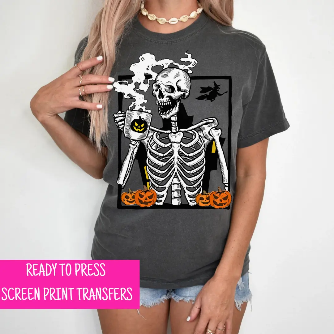 Skeleton Coffee Halloween Thin Matte Clear Film Screen Print Transfer, Plastisol Transfers, Fall Screen Print Transfer
