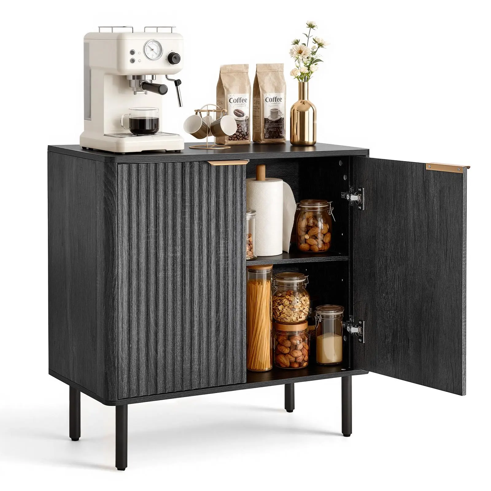 【SummerFinds】VEVOR Coffee Bar Cabinet, Mid Century Fluted Coffee Bar Table with 2-Tier Storage, Buffet Stand Cabinet with Barn Door, Sideboard Buffet Station for Living Room, Entryway, 31.5 x 14.7 x 31.5 in, Black