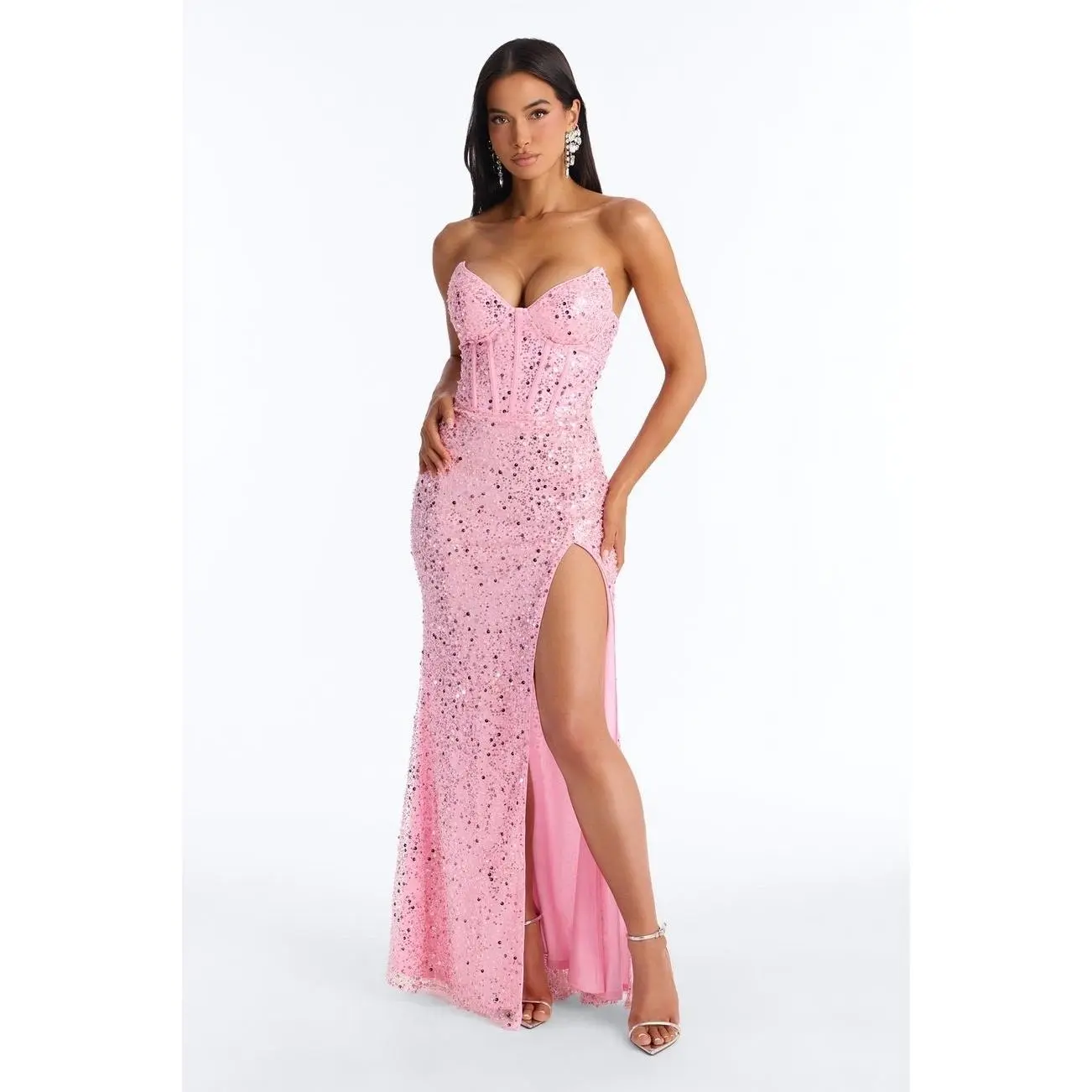 Women's Sequin Strapless Corset Formal Party Dress - Sweetheart Neckline, High Slit, Lined Stretch Fit, Plus Size, Grip Tape, Zip Closure