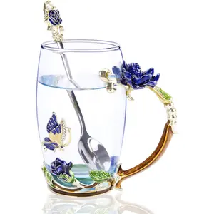 Novelty Butterfly Flower Enamel Glass  Cup with Spoon Set & Gifts Box for Birthday/Father's Day Mothers Day/Valentines Day/Wedding/Christmas Day  (12 oz)