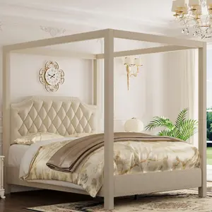 Queen Canopy Bed, Four Poster Frame, Button Tufted Upholstered Headboard, Slide Rail Design, Wooden Slats, No Box Spring Needed, Beige