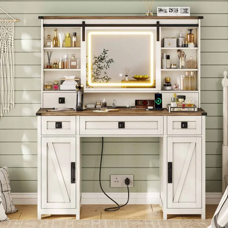 Sikaic Farmhouse Makeup Vanity Desk with Lights & Charging Station, 47.2" Vanity Table with Sliding Mirror, Large Makeup Vanity Desk with Ample Storage Space