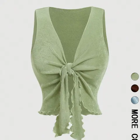 Women's Knotted Front Ruffle Crop Top, Deep V-Neck Sleeveless, Y2K Coquette Going-Out Top for Daily Wear and Date Night, Knitted Tank Top