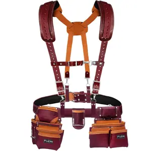 FUERI 19 Pocket Leather Tool Belt with Suspenders,Comes with Padded Belt, Big Pouches, Hammer Holder,Suspender loops and Leather Suspender, Ideal for Construction Workers, Carpenters and Electrician.