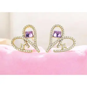 14K Gold Plated Pave Heart Stud Earrings with Purple Crystal Earrings