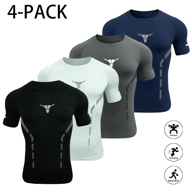 Men' s tight short-sleeve T-shirt with bull head print;quick-dry, breathable athletic top; sports T-shirt;compression shirt for fitness and running with reflectivedetails