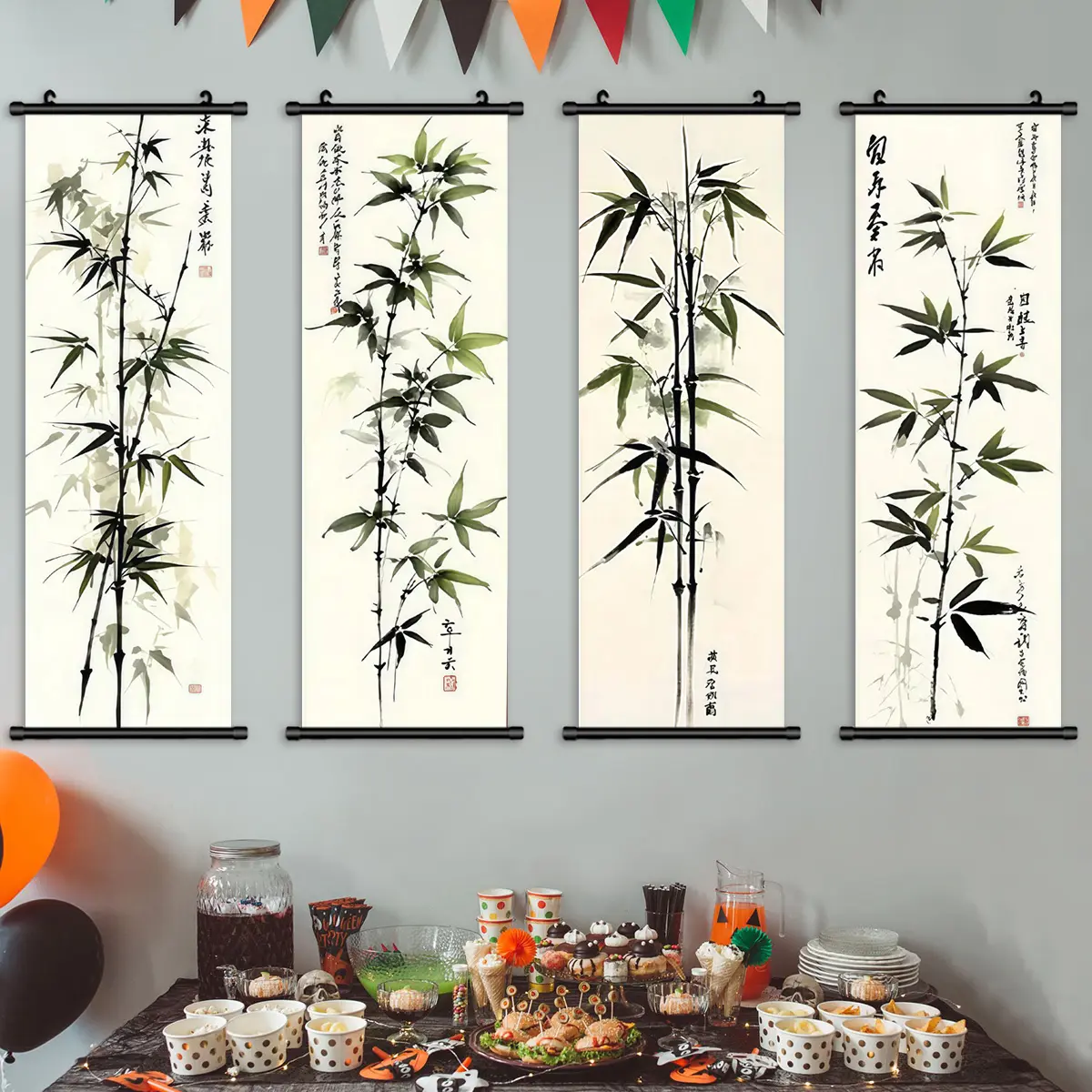4 Count Hanging Banners, Chinese Ink Bamboo Art Poster, Unframed Art Print, Minimalist Decor, Modern Home Decor, Elegant Living Room Decoration, Fashion Home Decor