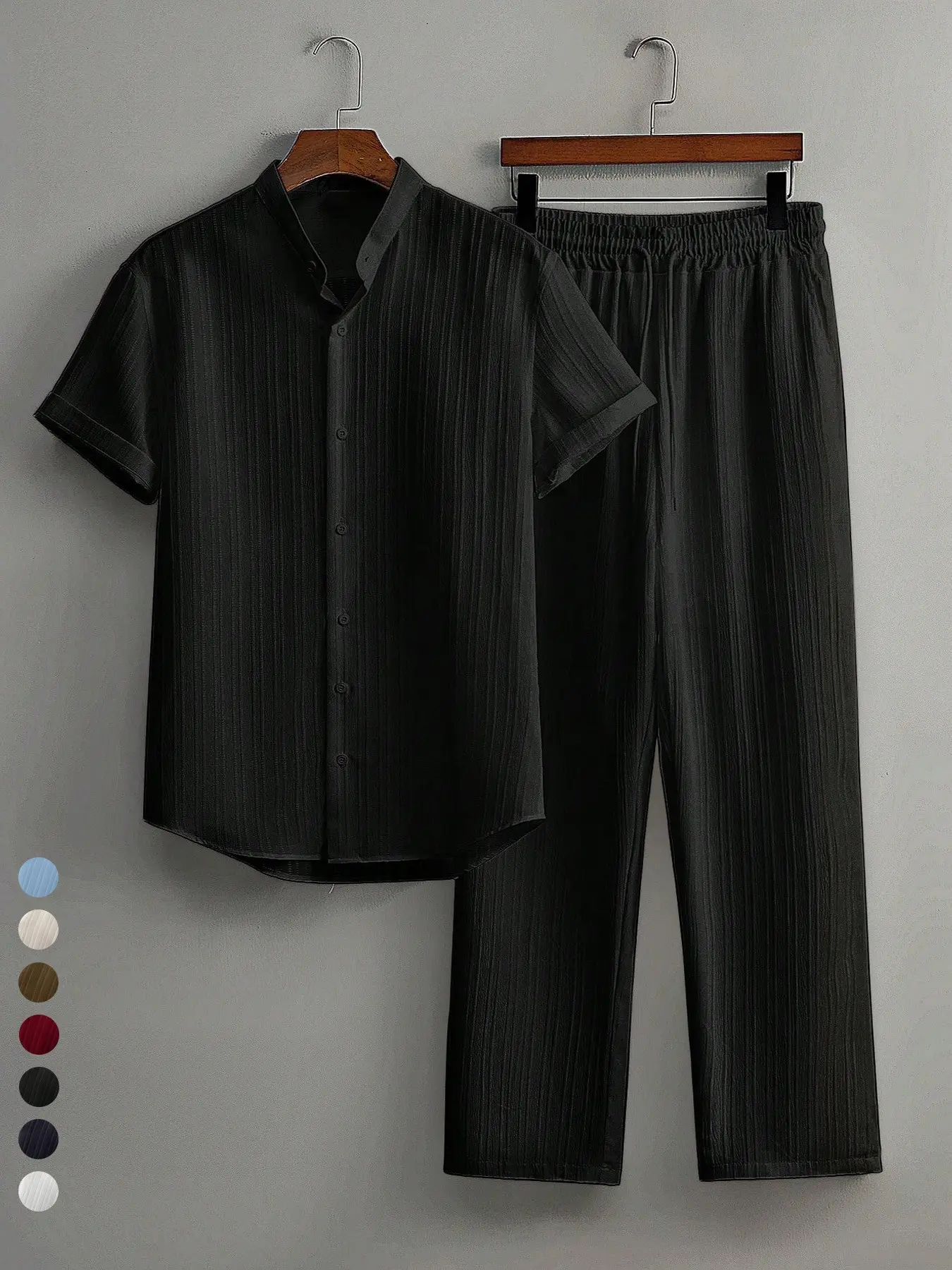 Men's Old Money Aesthetic 2 Piece Set | Fitted Plain Textured Vertical Stripe Mandarin Collar Short Sleeve Shirt & Drawstring Straight Trouser Pants | Luxury Casual Summer Vacation Outfit Clothes
