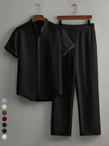 Men's Old Money Aesthetic 2 Piece Set | Textured Vertical Stripe Mandarin Collar Short Sleeve Shirt & Drawstring Straight Pants | Luxury Casual Summer Vacation Outfit Clothes