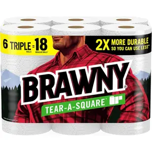 Brawny Tear-A-Square Paper Towels, 6 Triple Rolls = 18 Regular Rolls, 3 Sheet Sizes (Quarter, Half, Full), Strength for All Messes, Cleanups, and Meal Prep