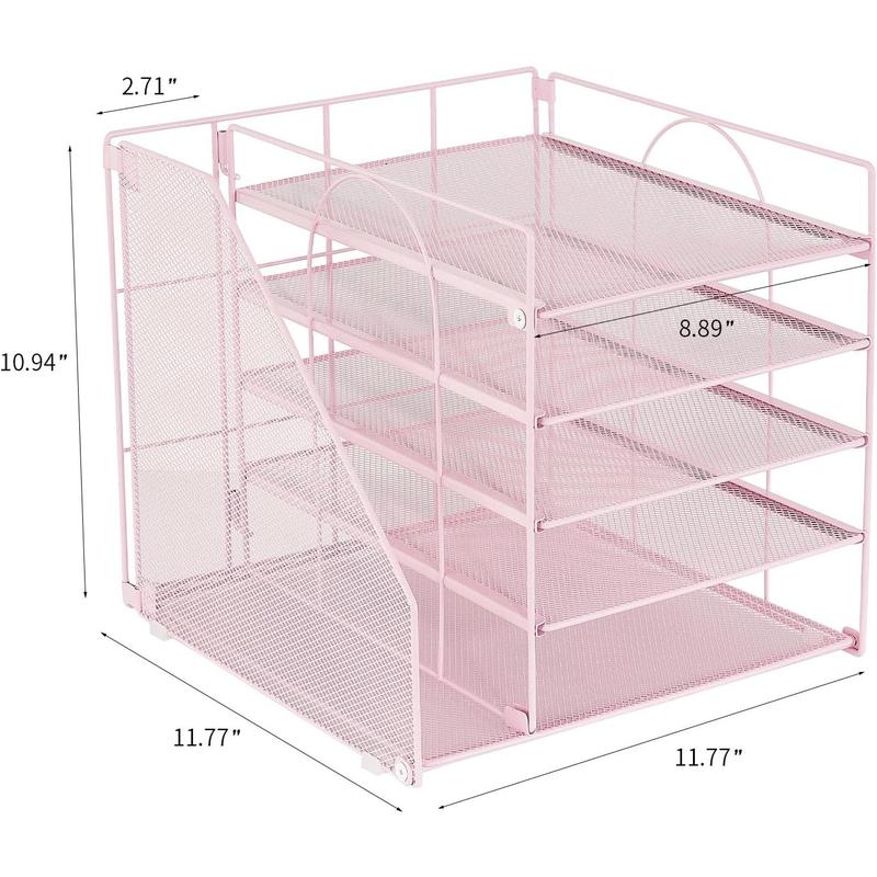 Office Desk Organizer, 5-Tier Paper Letter Tray with File Holder Multifunction Office Supplies and Accessories for Office School Home (Pink)