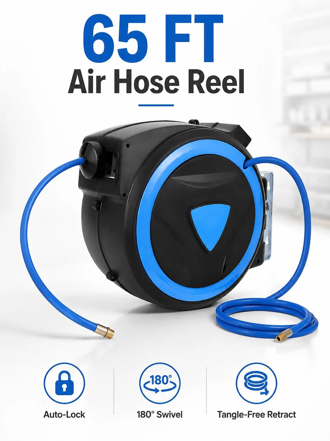 3/8" 65FT Retractable Air Hose Reel, Wall Mounted Auto Rewind Hose Reel with 180° Swivel Bracket, Hybrid Air Hose, 300 PSI for Garage Workshop