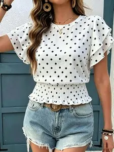 Women's Casual Floral Ruffle Hem Short Sleeve Top, Summer Fashion Blouse, Comfortable and Stylish Upper Garment for Daily Wear