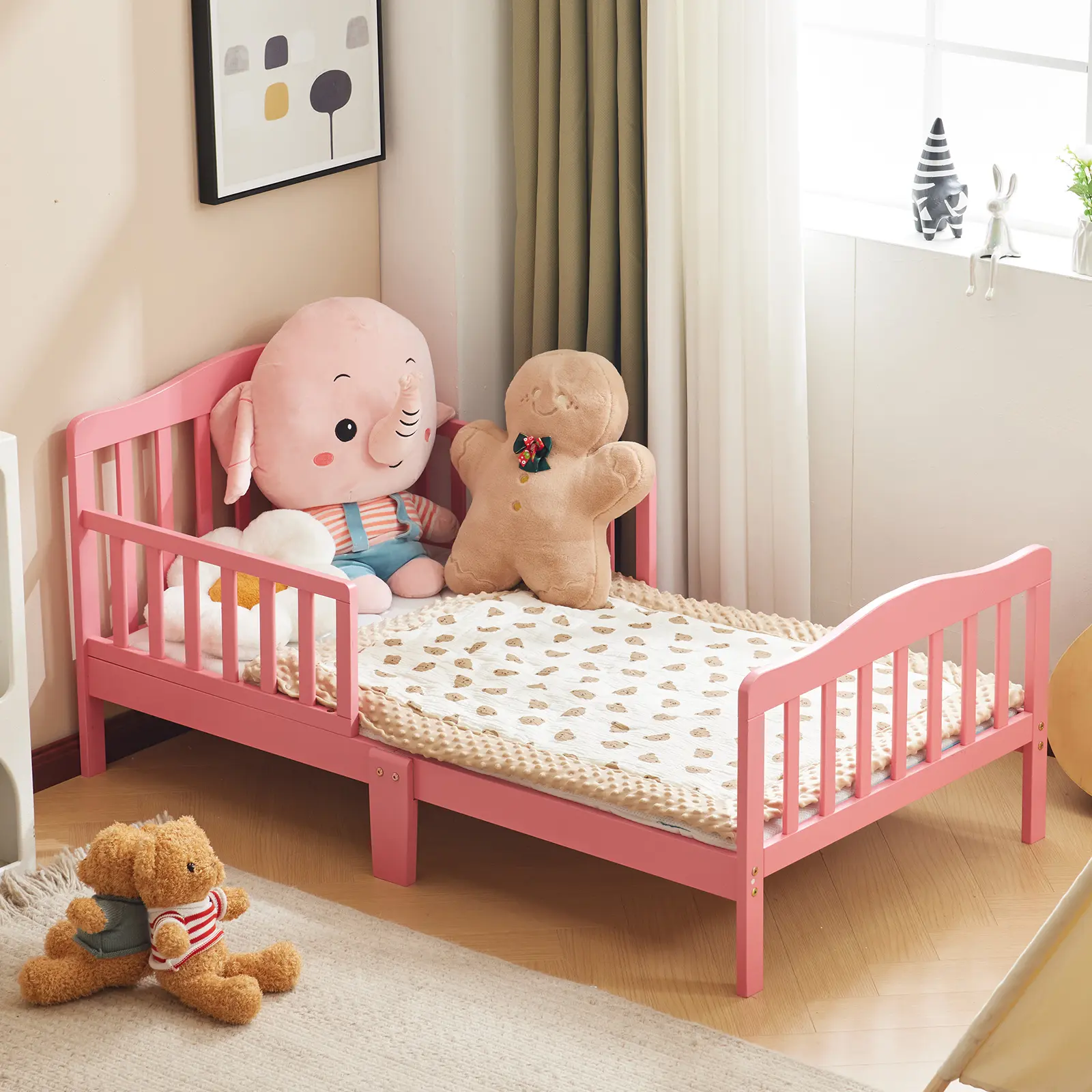 Pink Solid Wood Toddler Bed with Safety Side Rails - Compact 135cm Children's Daybed, Low Height for Easy Climb