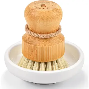 Bamboo Dish Scrub Brush for Kitchen Sink, Natural Wooden Washing Dish Brush Scrubber with Sisal Bristles for Household Cleaning