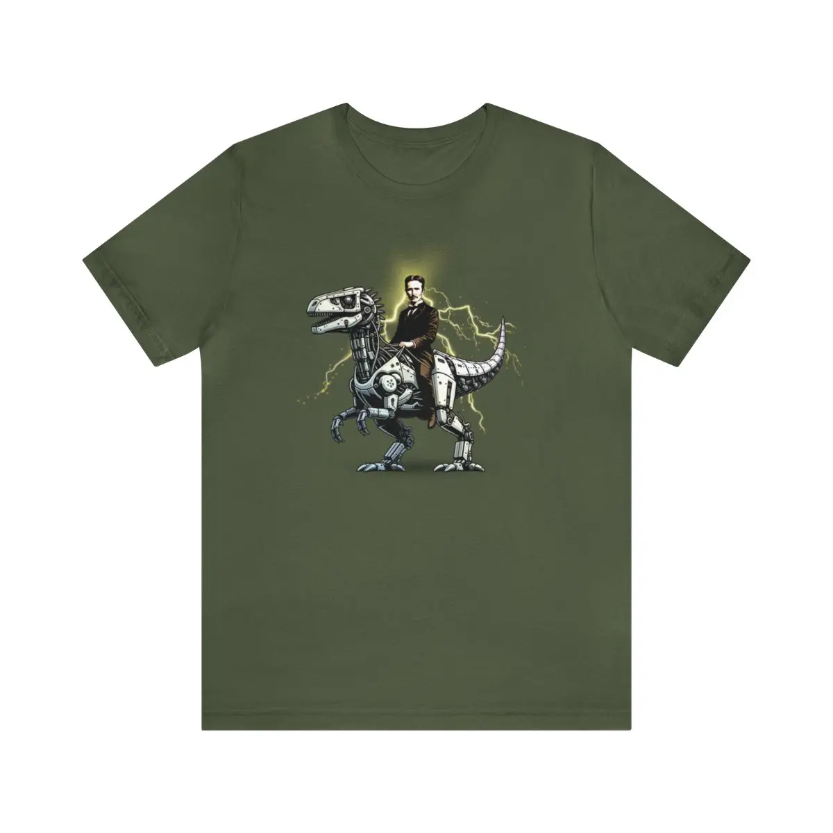 Nikola Tesla on a Robot Dinosaur Shirt, Weirdcore, Steampunk, Funny Gift for a Physics or Science Teacher, Scientist, Techie, Nerd or Geek