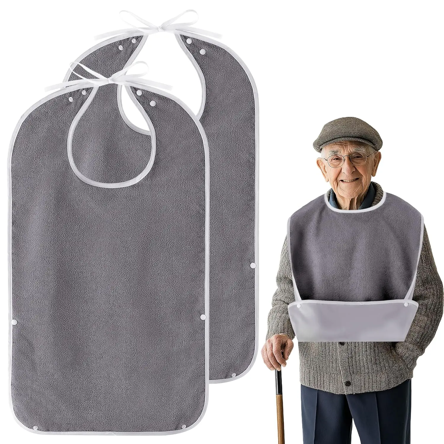 2 Pack Adult Bibs for Men, Women, Elderly - Waterproof Reusable Large Bibs with Crumb Catcher Pockets, Bib For Eating, Feeding Adult Bib For Women Elderly Men Senior Citizens Gifts(Washable) (Grey)