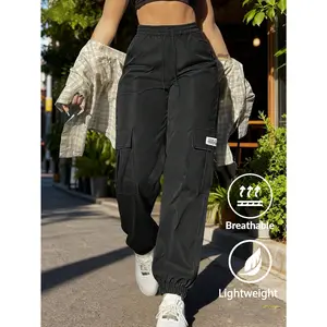 Women's Casual Lightweight Solid Color Cargo Pants, Drawstring Waist, Pockets, Outdoor Joggers, Sports & Casual Wear, Y2K Style, Spring/Autumn Black