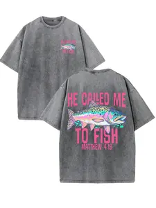 Retro Washed T-Shirt Double Sided Printed (230 Pure Cotton T-Shirt) 'HE CALLED ME TO FISH'  Letter And FISH Pattern Print, Mens TShirt, Mens Shirt Casual, Comfortable, Fashionable T-Shirt, Street Style Cotton