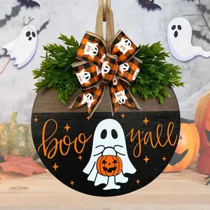 Halloween Front Door Decor Hangings, Pumpkin & Ghost Print Wooden Wreath, Home/Yard Welcome Sign, Fun Festival Decor & Gifts, Decoration