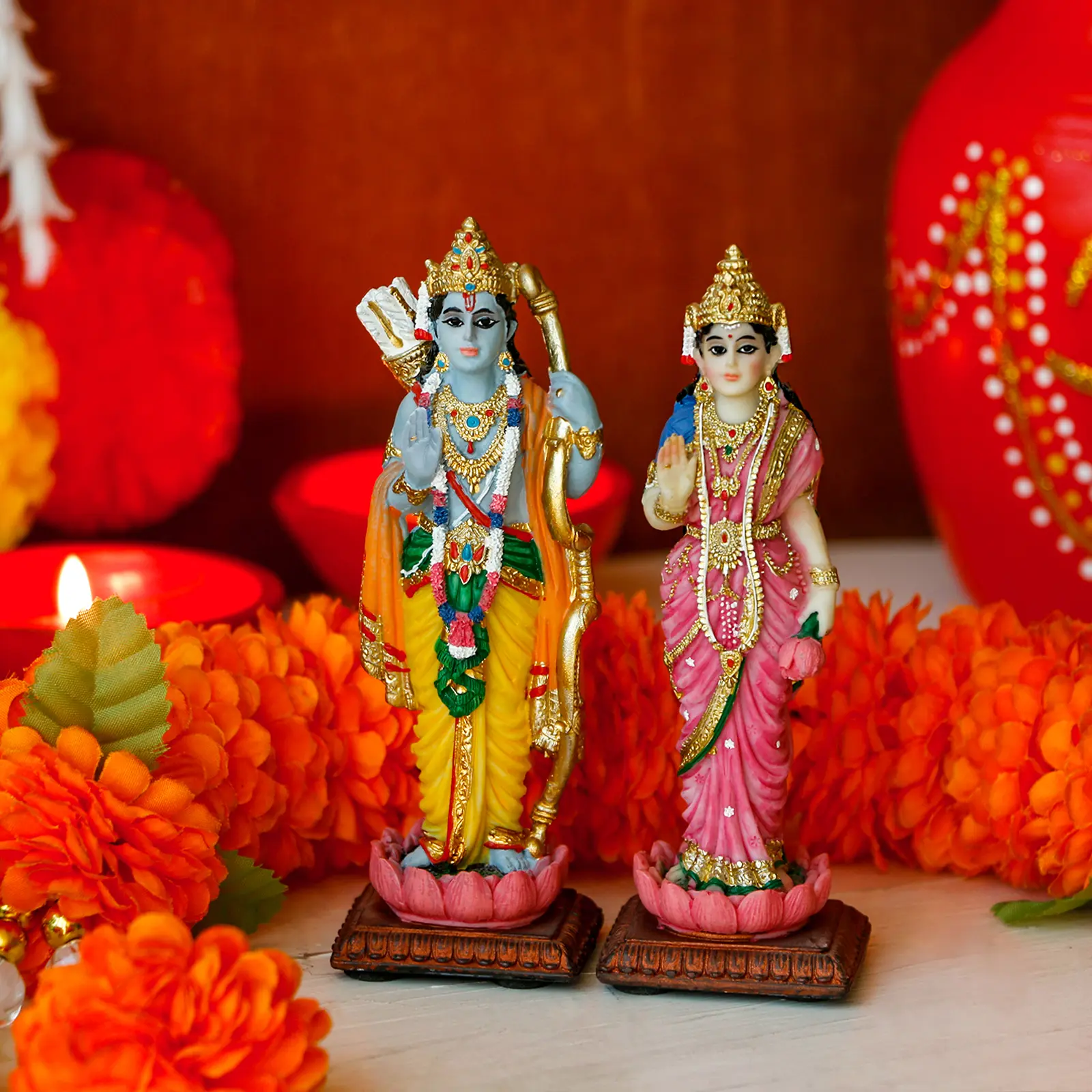 4.7" Lord Rama & Sita Statue Set Hindu God Ram Sita Murti on Lotus Base