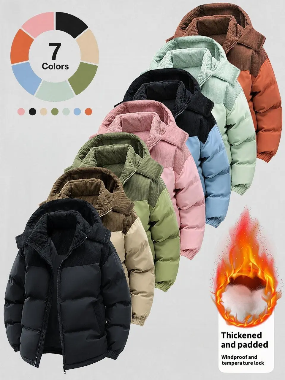 Men's Patchwork Corduroy Stand Collar Puffer Coat - Polyester Clothes, Zip-Up Thick Padded Warmth Windproof Jacket, Multi-Size Casual Outerwear for Winter Commute, Machine Washable Street Outfits, Patchwork Look