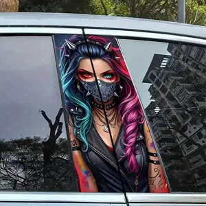 2pc Punk Masked Girl Vinyl Stickers, Car B Column Protection, Easy Peel Off, Sunproof Waterproof Scratch Resistant, All Models, Car Exterior Decor