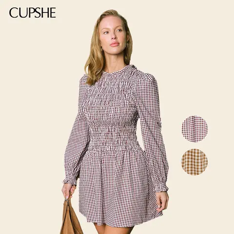 CUPSHE Women's Lady 100% Cotton Gingham Long Sleeve High Neck Smocked Bodice Slimming Fitted Mini Dress - Ready-to-Wear, Casual Boho Soft, Fall Chic Outfit, Machine Washable