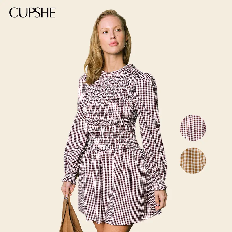 CUPSHE Women's Lady 100% Cotton Gingham Long Sleeve High Neck Smocked Bodice Slimming Fitted Mini Dress - Ready-to-Wear, Casual Boho Soft, Fall Chic Outfit, Machine Washable