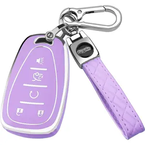 New Upgrade for Chevy Key Fob Cover with Keychain,Soft TPU Key Case Shell Full Protection for 2016-2021 Chevy Equinox Malibu Camaro Cruze Blazer Traverse Trax 5 Button Holder (Purple)