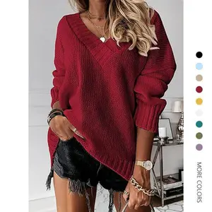 Danedvi Womens Loose Sweaters Sexy V Neck Long Sleeve Solid Knitted Jumper Pullover Sweatshirt Tops