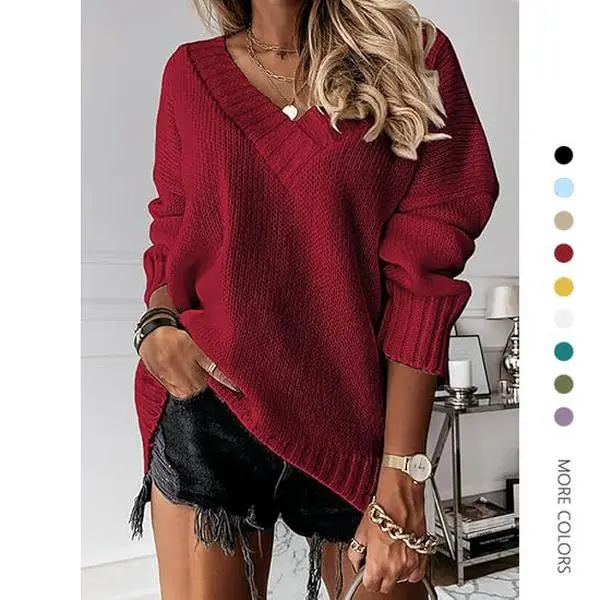 Danedvi Women's Casual Oversized Fuzzy Sweater, V Neck Long Sleeve Solid Color Drop Shoulder Knit Pullover