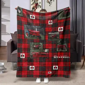 Farmall Tractor Plaid Blanket, American Vintage Farm Machinery Theme, Soft Comfortable Cover Blanket, Checkered Design, Flannel Throw Blanket, Plaid Pattern Blanket, Soft Warm Blanket