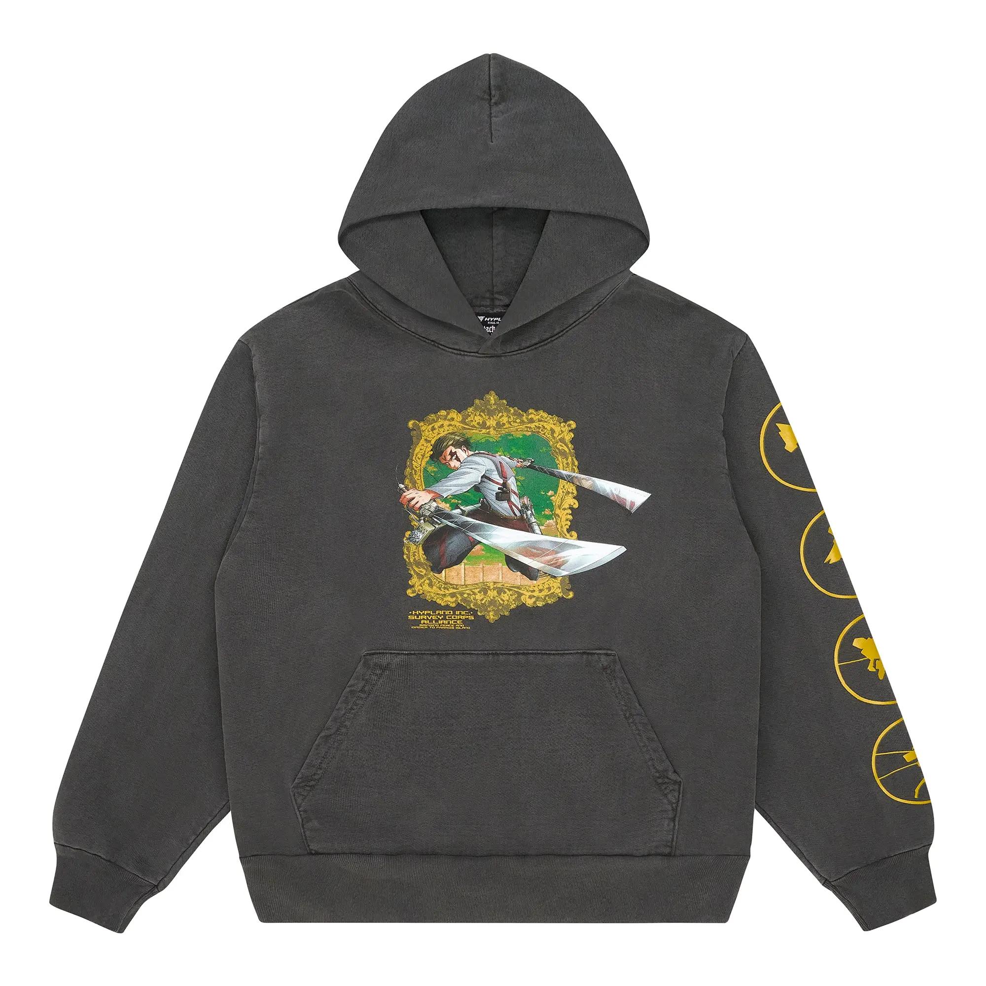 Attack on Titan Levi Graphic Hoodie for Men, Officially Licensed Long Sleeve Pullover in Washed Black 100% Cotton, Sweatshirts, Longsleeves, Tops, Casual, Menswear, True Fit, Clothes, Licensed Collab, Everyday Wear, Washed Look