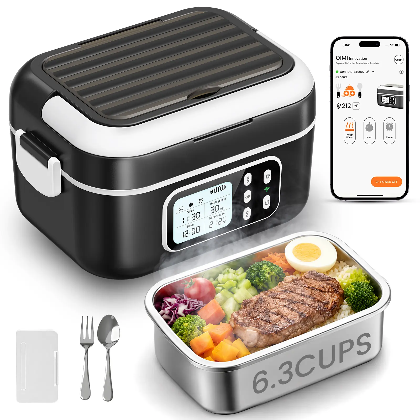 Cordless Electric Heated Lunch Box, Smart App Connection for Heating, Smart Timer, Rapid Heating, 27000mah Battery, Comes with Stainless Steel Cutlery and an Insulated Bag, Suitable for Offices, Schools, Cars, And Camping.#SummerWins