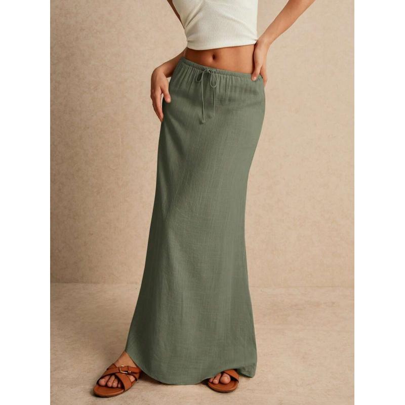 LYD- Women's White Maxi Skirt - Minimalist Drawstring Linen Fabric, Regular Fit, Casual Style, All Seasons Bottoms for Home Wear -LYD sport summer smash women leopard vertical bell