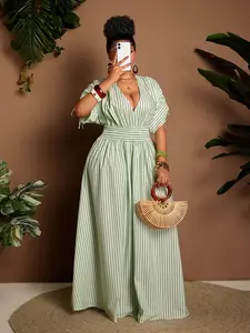 Plus Size Women's Striped Print Long Dress, Casual Loose Sundress, Loose Fit V Neck Waist Cinching, Casual Summer, Vacation Wear, Office Commute, Daily Chic, Everyday, Womenswear