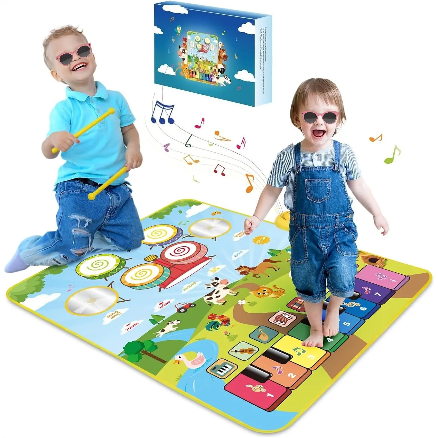 P-MT040   3-in-1 Musical Mats, Child Floor Piano Drum Animal Music Play Mat Montessori Sensory Early Educational Musical Learning Toys for Baby Girls Boys Birthday Toddlers 1-5 Years Old