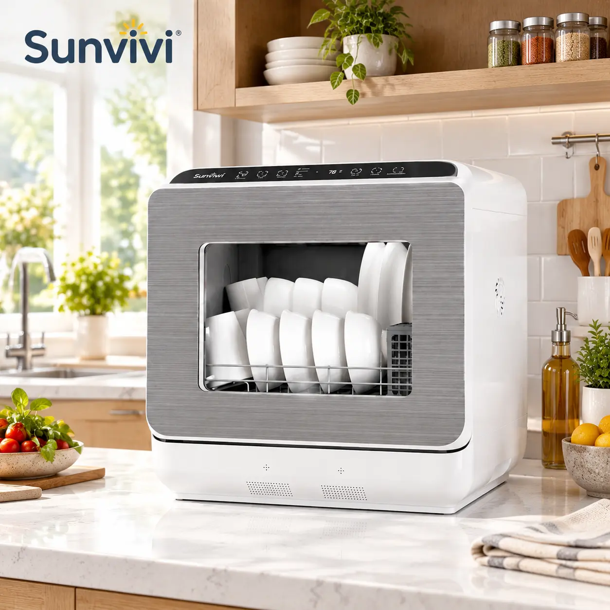 Sunvivi 18" Portable Countertop Dishwasher with Built-in Water Tank, No Plumbing Needed, Fits Up to 12" Plates, Compact Mini Dishwasher for RV, Apartment, Small Kitchen