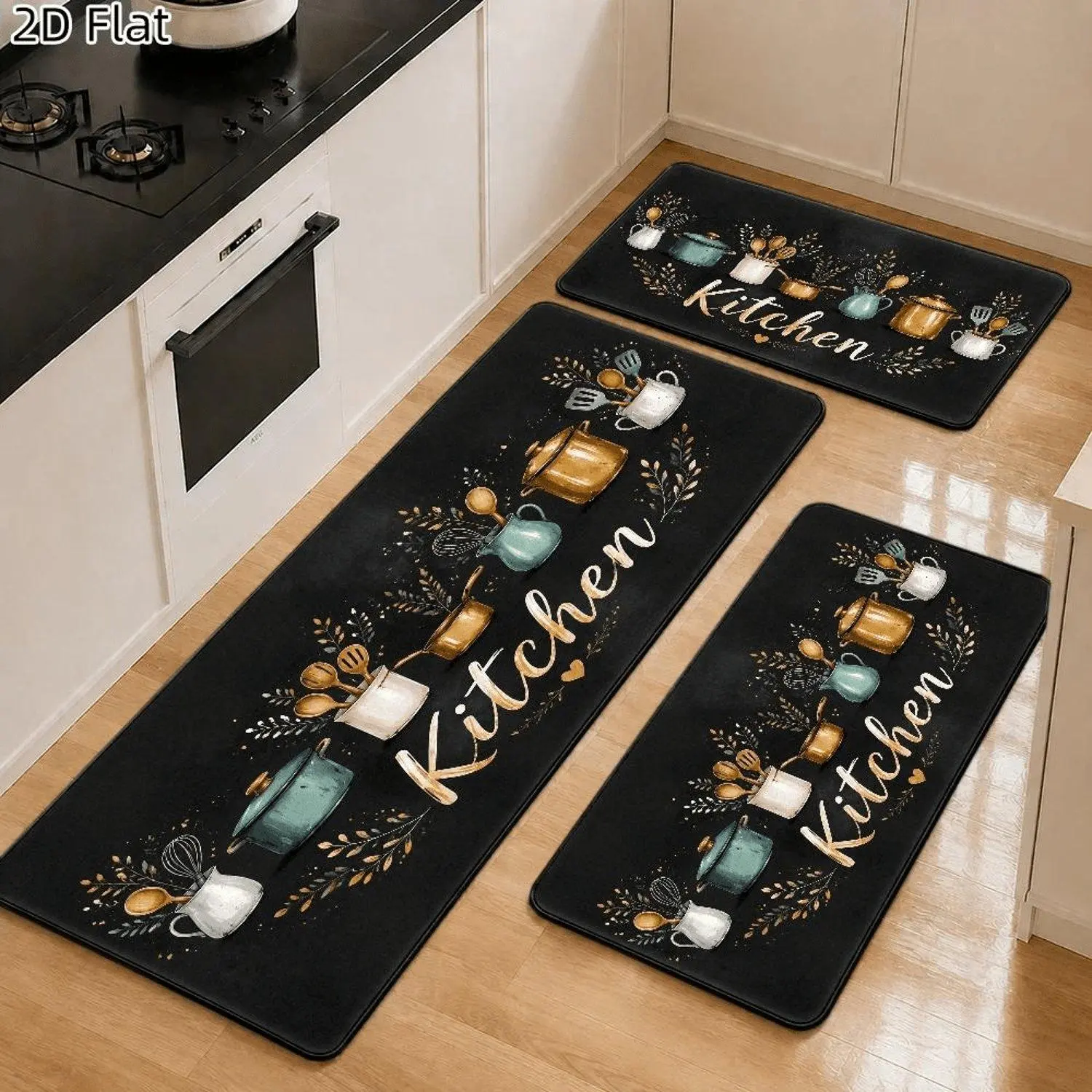 1pc, 2D Flat Kitchen Floor Mat, Charming Watercolor Kitchen Utensil Pattern with Vintage Chalkboard Background, Easy-To-Clean Decor Rug, Suitable for Kitchen, Bathroom, Laundry Room