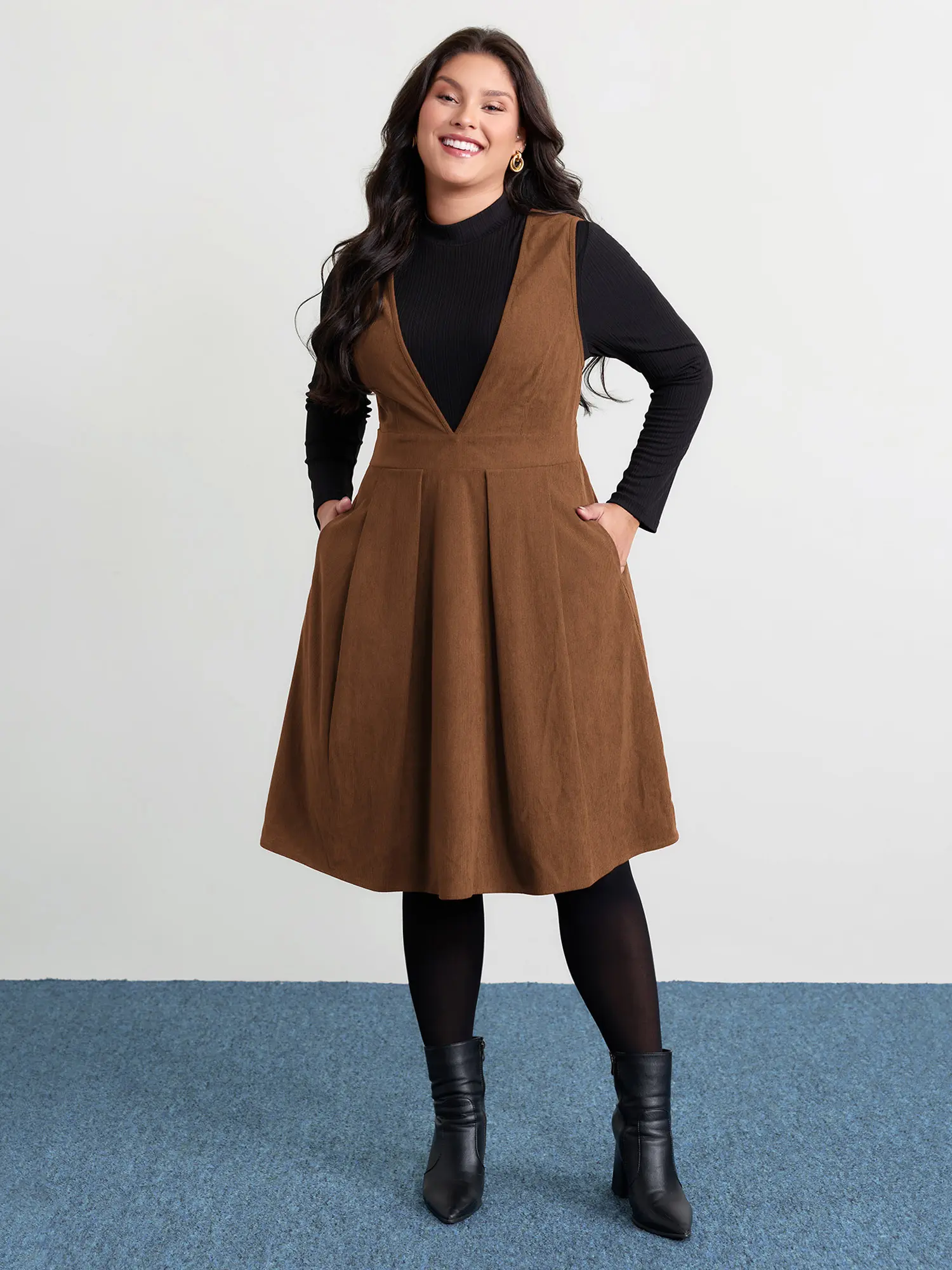 BloomChic Women's Plus Size Timeless Cable Knit Dress, Casual V-Neck Sleeveless Midi with Pockets, Smooth Pull-On Fabric, Breathable, Lady, Army, Comfy, Fit, Everyday, Simple, Polyester, Plus Size Friendly, Mid-Length, Curvy Dresses Plus Size