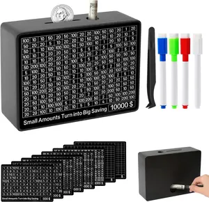 10000 Savings Challenge Box with 8 Targets, Cashbox Kakeibo Money Box Gifts Wrapped, Cash Vault Wooden Savings Box 10,000 Dollar Coin Digital Piggy Bank Money Save Box 10k Smash Money Saver (Black)